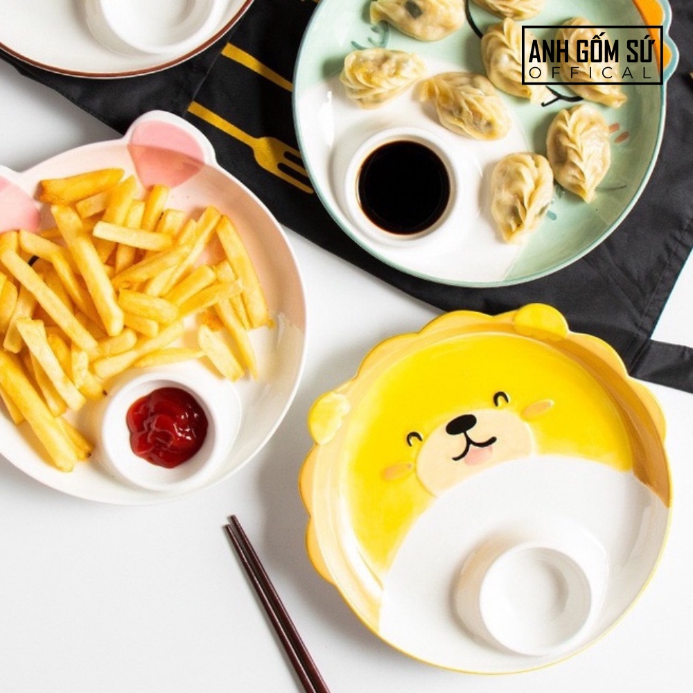 Đĩa sứ hoạt hình có ngăn chấm tiện lợi, dĩa sứ decor họa tiết cute