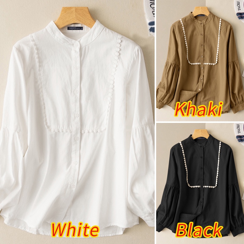 Áo Kiểu ZANZEA Tay Phồng Dài Cổ Đứng Phối Ren Họa Tiết Hoa Cúc Màu Trơn Thanh Lịch Vintage Cho Nữ Mặc Hàng Ngày