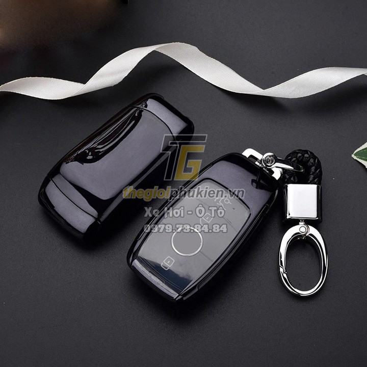 Ốp, bọc chìa khóa xe Mercedes E-Class, GLC-Class, C-Class 2020 silicon tráng gương bảo vệ chìa khóa, kèm móc đeo INOX
