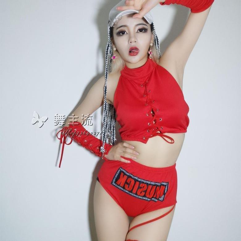 ds costumes nightclub bar dj female singer lead dancer sexy jazz dance pole dance red bandage split outfit