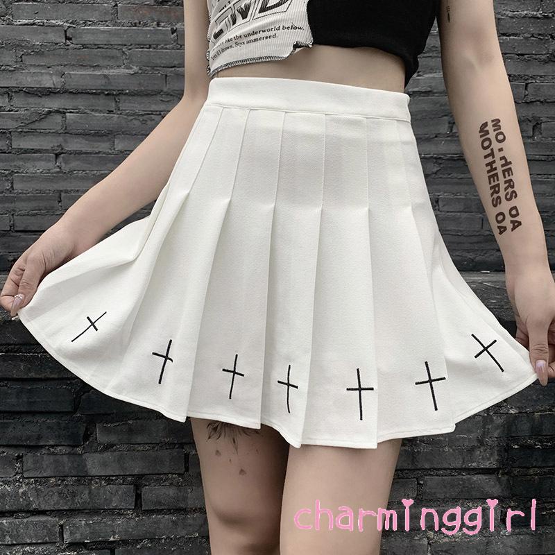 Chân váy ngắn xếp ly lưng cao họa tiết chữ thập phong cách Gothic Punk cho nữ