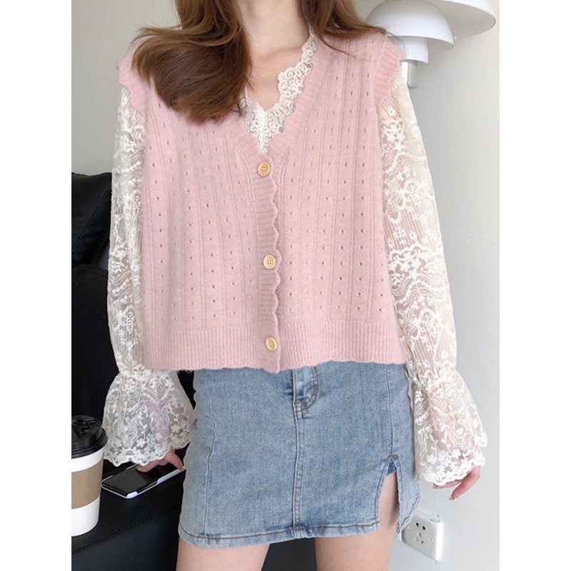 Áo gile len xốp (loại 1) viền lượn sóng cài cúc Ulzzang style Hàng Quảng Châu
