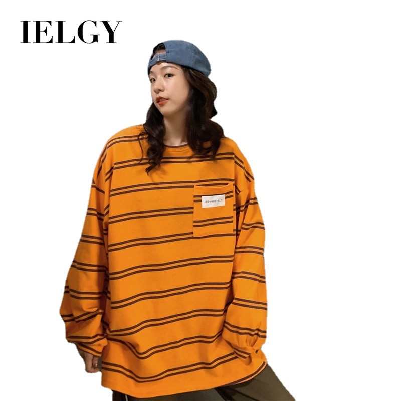 Áo sweatshirt IELGY họa tiết sọc dáng rộng tay dài thiết kế mỏng phong cách Hàn Quốc dành cho nữ