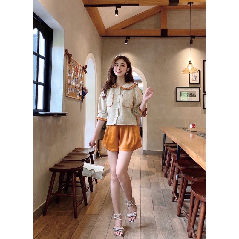 Set áo croptop phối viền kèm quần short ngắn xinh xắn dễ thương XUONGMAYHB | BigBuy360 - bigbuy360.vn