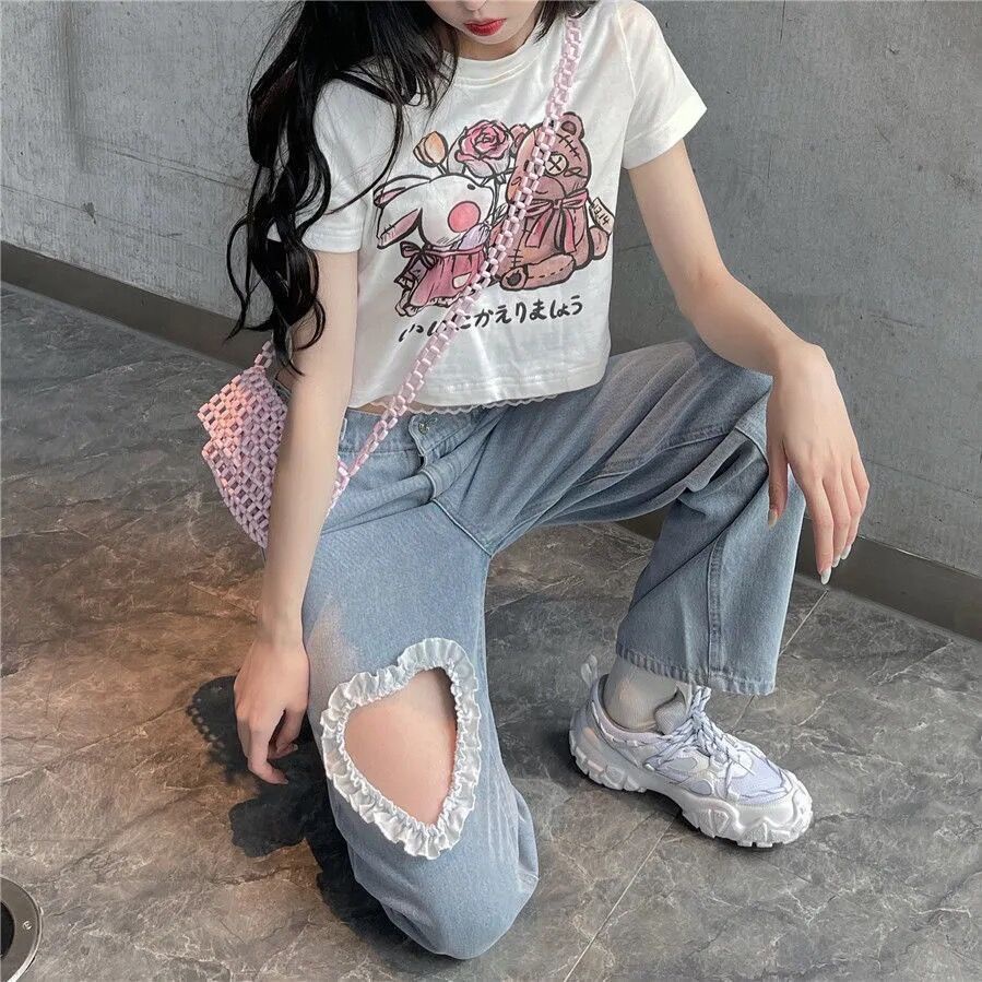 Quần Jean Ống Rộng Lưng Cao Phối Ren Mỏng Thời Trang Mùa Hè Phong Cách Hàn Quốc Hàng Mới Dành Cho Bạn Nữ