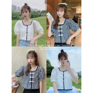 Áo kiểu cổ vuông viền đen tay bồng