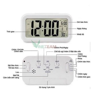 Đồng hồ báo thức điện tử để bàn, màn hình LCD đa chức năng: thời gian, báo thức, lịch, nhiệt độ