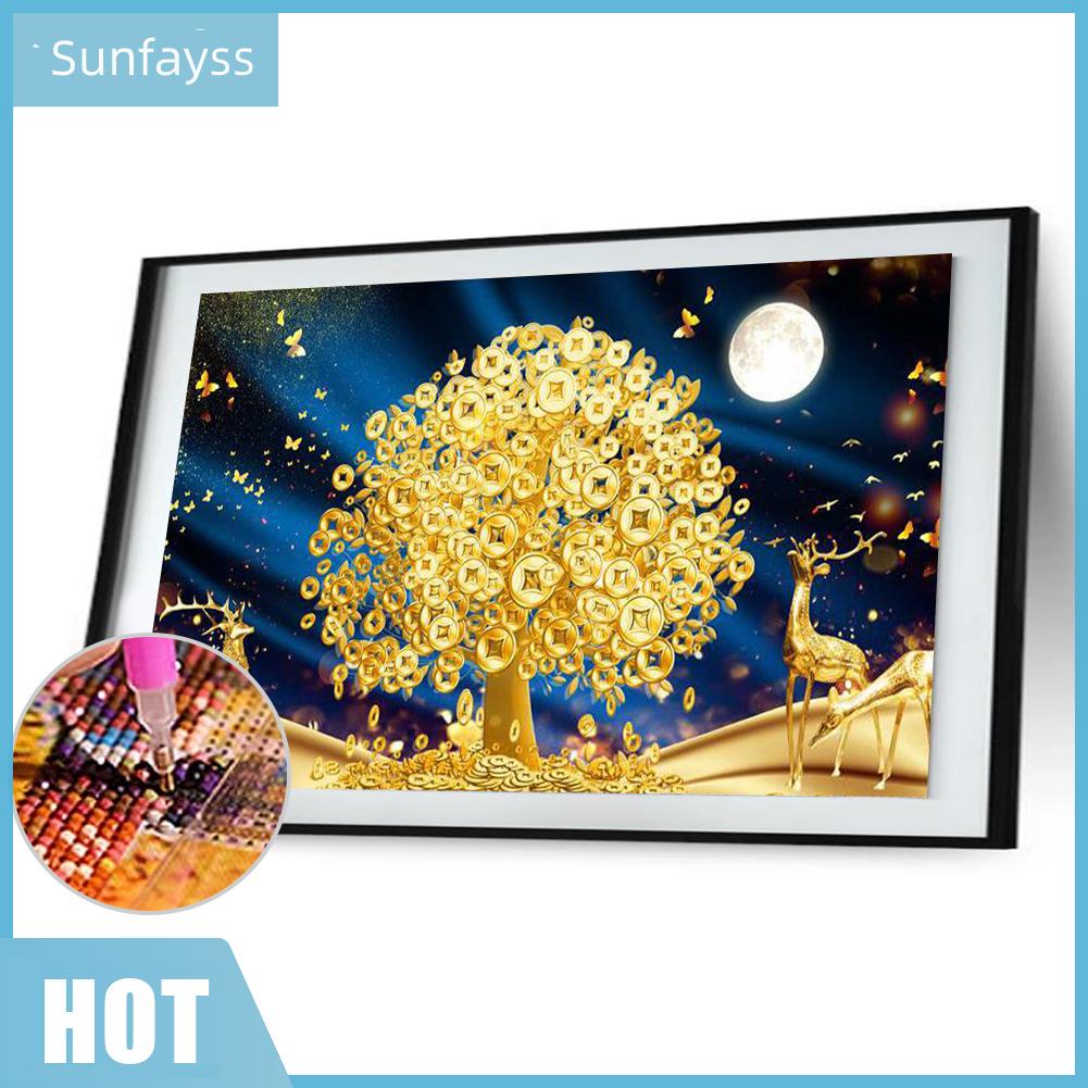 Bộ phụ kiện làm tranh đính đá DIY hình cây đồng tiền 5D dùng cho trang trí