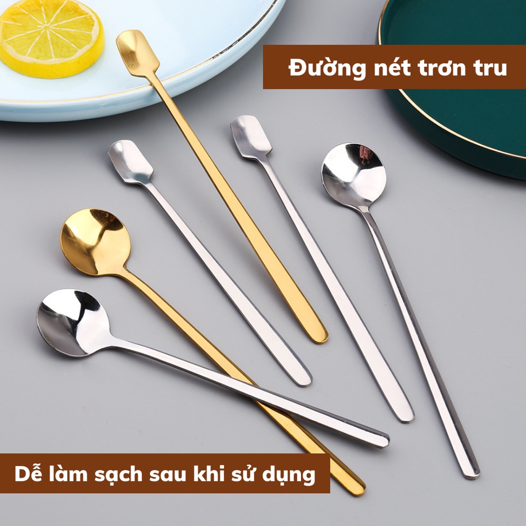 Thìa cà phê inox mạ vàng pha trà muỗng pha cafe cán dài kiểu dáng sang trọng thiết kế tinh tế chiều dài 13-15-17cm