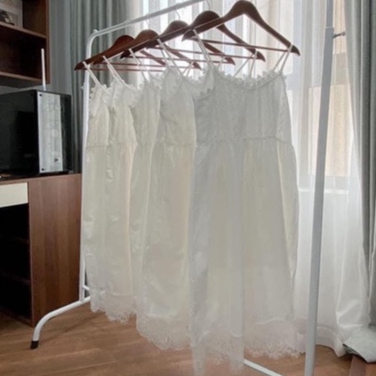 Váy 2 Dây Trắng Phối Ren Tiểu Thư Hai Lớp Chất Thô Thoáng Mát, Labibi