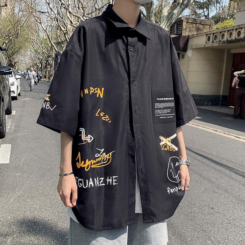 Áo Sơ Mi Nam Tay Ngắn Dáng Rộng In Họa Tiết Graffiti Phong Cách Mới Thời Trang