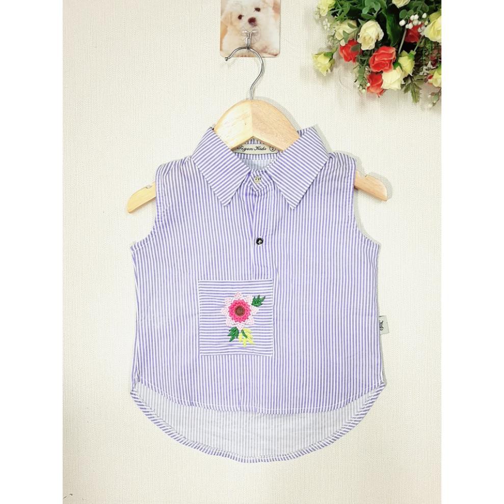 DG59-A-10- Áo sơ mi bé gái thô mềm, sát nách, thêu hoa, màu xanh, tím, tím sọc, Made in VietNam, size 10-18kg