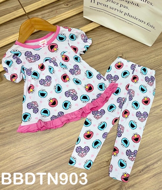 Bộ quần áo trẻ em tay ngắn quần dài dáng babydoll thun borip xuất khẩu cho bé gái