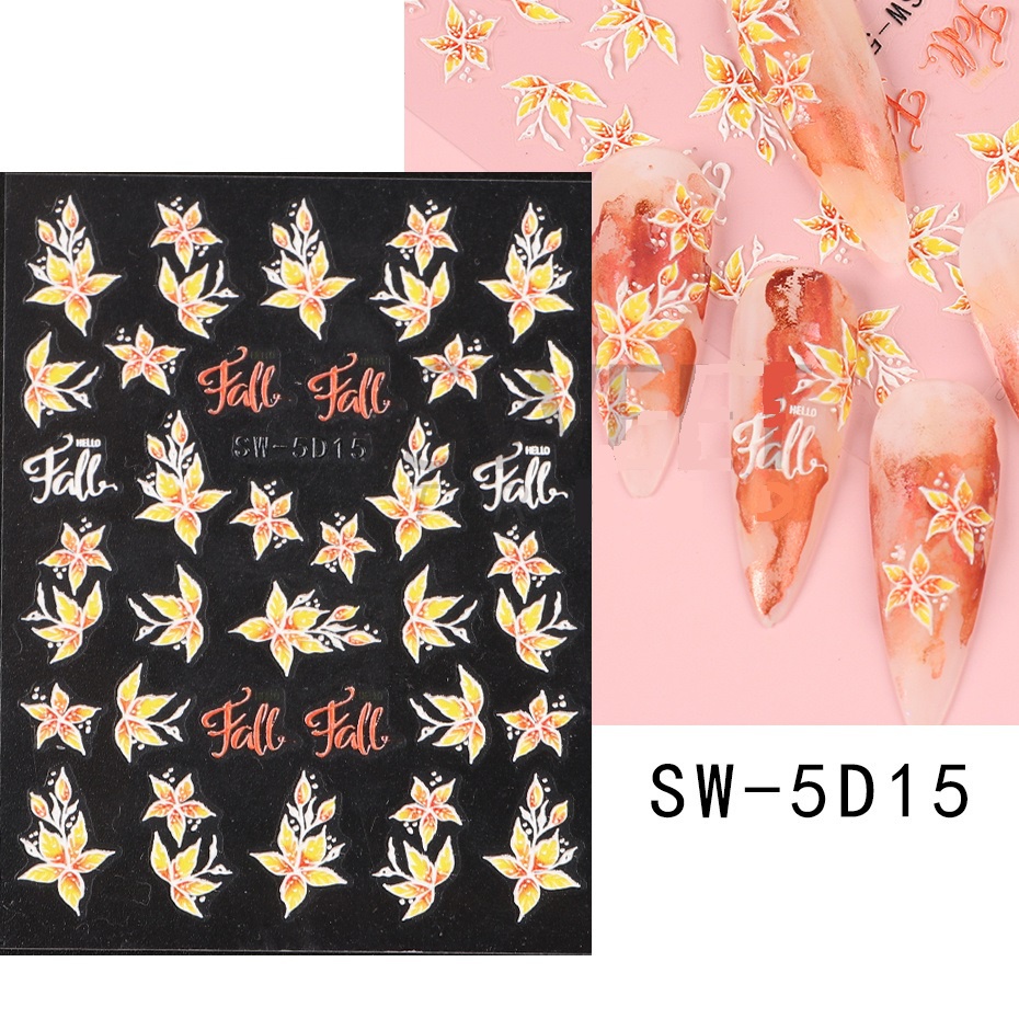 Nhãn Dán Trang Trí Móng Tay Dập Nổi Họa Tiết Lá Phong Mùa Thu 5D Với Kết Cấu Trượt Saw-5D