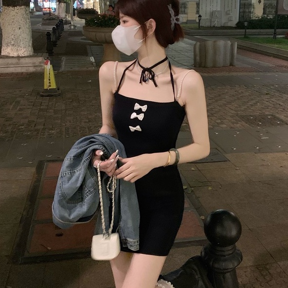 Đầm Hai Dây Ngắn Ôm Hông Đính Nơ Gợi Cảm 【ZHELIHANGFEI】