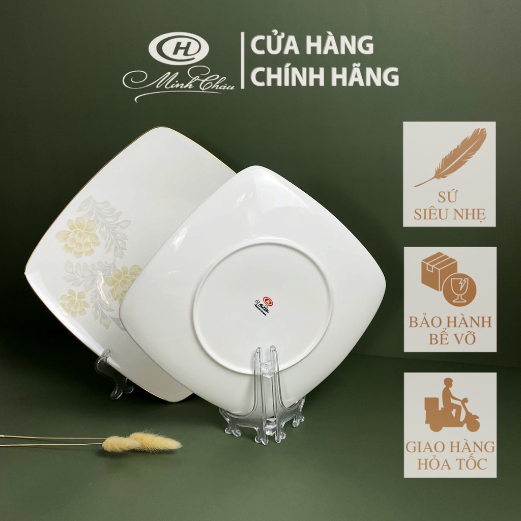 [Sứ Siêu Nhẹ] Đĩa Vuông Sứ Xương Hoa Kẻ Vàng - Sứ Minh Châu