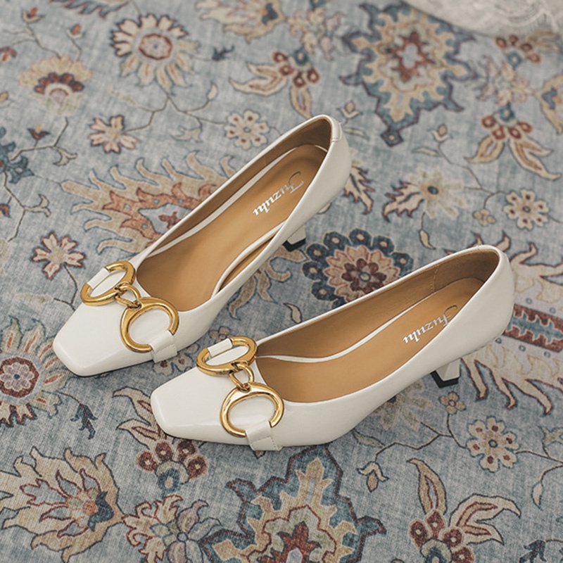 Giày Cao Gót Da Bóng Mũi Vuông Phong Cách Pháp