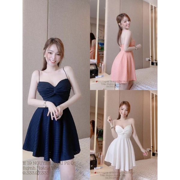 Đầm Thun Xòe Hai Dây Xoắn Nơ Ngực - Dáng Ngắn Sexy - Tiểu Thư Bánh Bèo Cute Xinh Xắn