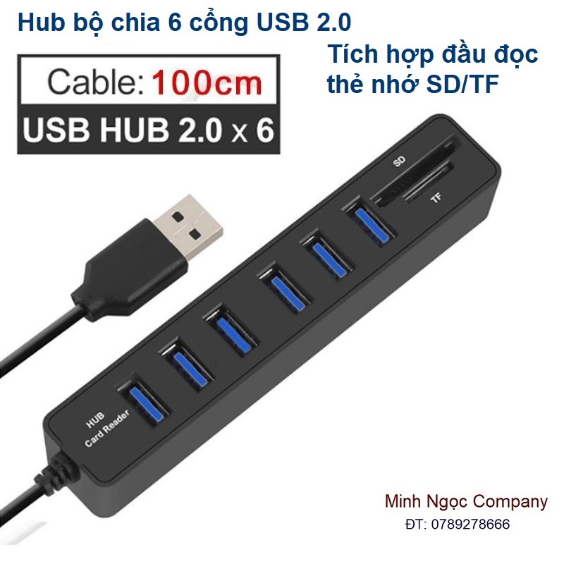 Hub bộ chia 6 cổng USB 2.0 tích hợp đầu đọc thẻ nhớ SD/TF chất lượng cao