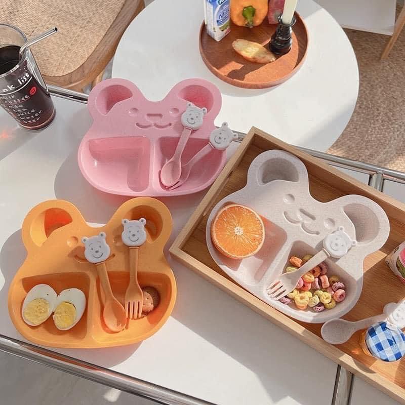 Khay ăn dặm lúa mạch kèm thìa nĩa hình gấu, Ăn dặm chỉ huy blw