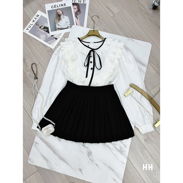 SN856 SET NỮ ÁO SƠ MI TRẮNG DÀI TAY BÈO NƠ MIX CHÂN VÁY ĐEN