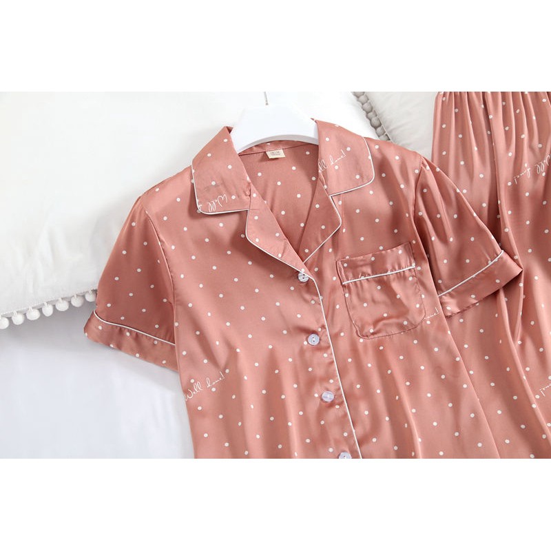 Set đồ ngủ gồm ngắn tay và quần dài lụa lạnh chấm bi thời trang mùa hè cho nữ