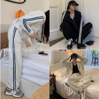 Set bộ nỉ , sét bộ thể thao bo gân xám áo khoác kéo khóa có mũ mix quần jogger 2 sọc rút ống Xưởng Sỉ Nguyễn Hoa