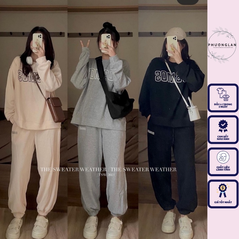 Set bộ 🌸 Set đồ nữ dài tay in chữ nỉ mùa đông COMOS phong cách Hàn Quốc Ulzzang PHULA dành cho nữ unisex freesize