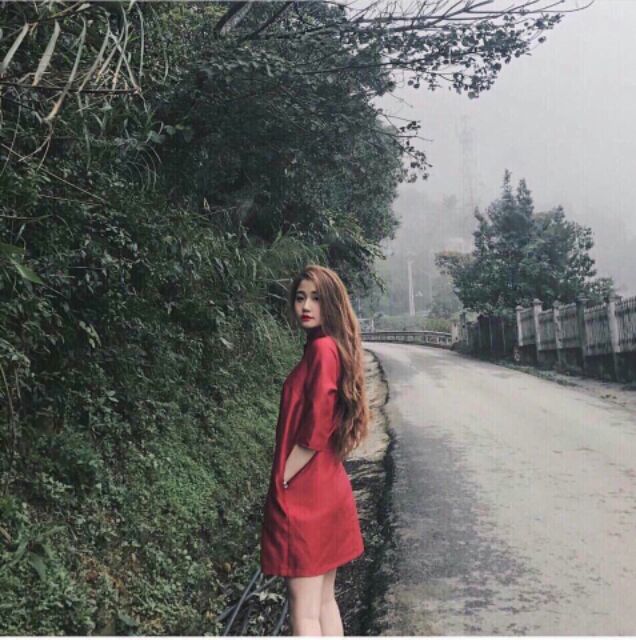 Váy gấm đỏ thêu hoa