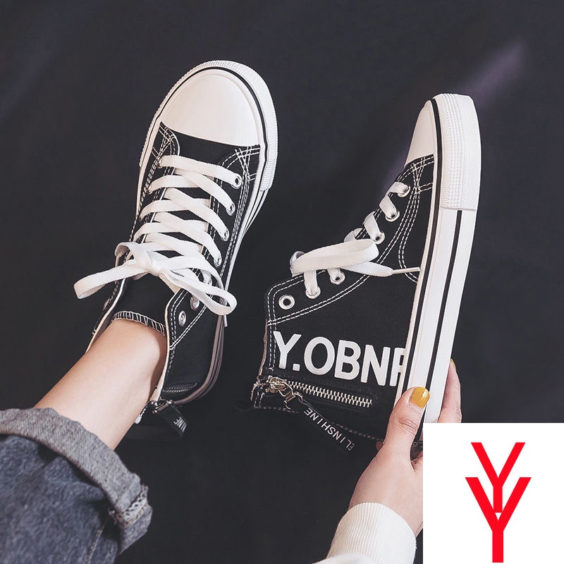 Giày Thể Thao Vải Canvas Cổ Cao Có Dây Kéo Bên Phong Cách Thể Thao Mới 2021 Cho Nữ Sinh