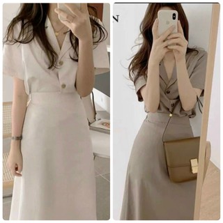 Set áo sơ mi cổ vest kèm chân váy midi