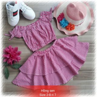 Bộ váy xòe caro 2 tầng, bộ váy áo croptop, set váy caro