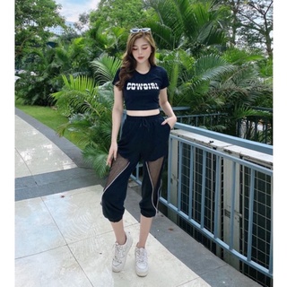 Bộ đồ tập Gym, Zumba, Yoga, Aerobic cho nữ gồm quần Jogger lưới lửng và áo Croptop co giãn, thấm hút mồ hôi tốt