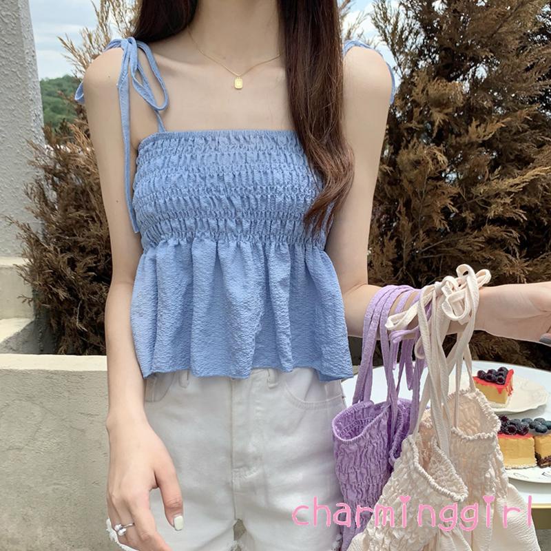 Áo Hai Dây Cổ Thuyền Hở Lưng Xếp Ly Màu Trơn Thời Trang Cho Nữ