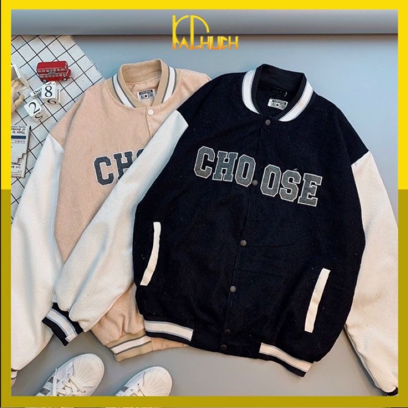 Áo khoác bomber nhung tăm thêu CHOOSE, hàng 2 lớp dày dặn freesize