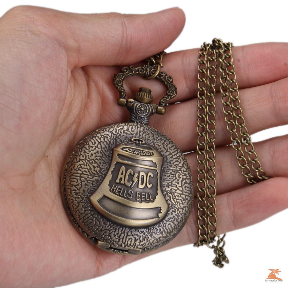 #Đồng hồ bỏ túi# 1pc Men Women Quartz Pocket Watch Bell Pattern Carved Case with Chain