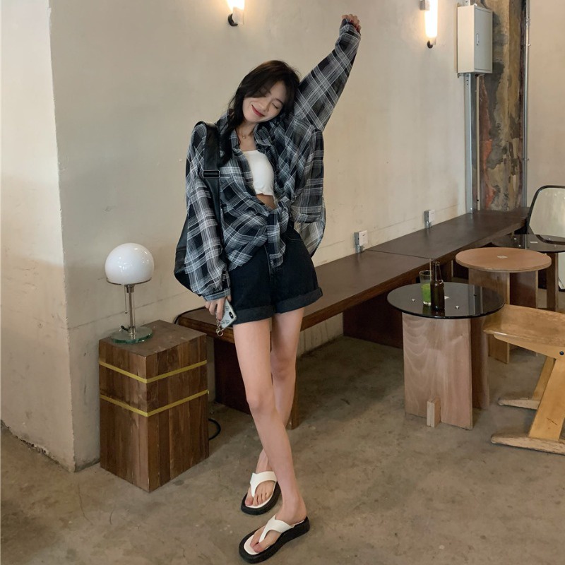 Áo sơ mi chiffon SUXI tay dài họa tiết sọc caro thời trang mùa hè cho nữ