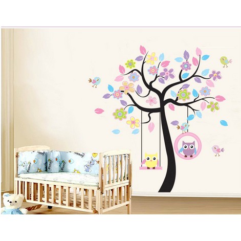 Decal dán tường cho bé Hình Cây đủ màu và tổ chim cú dễ thương - Decal AmyShop