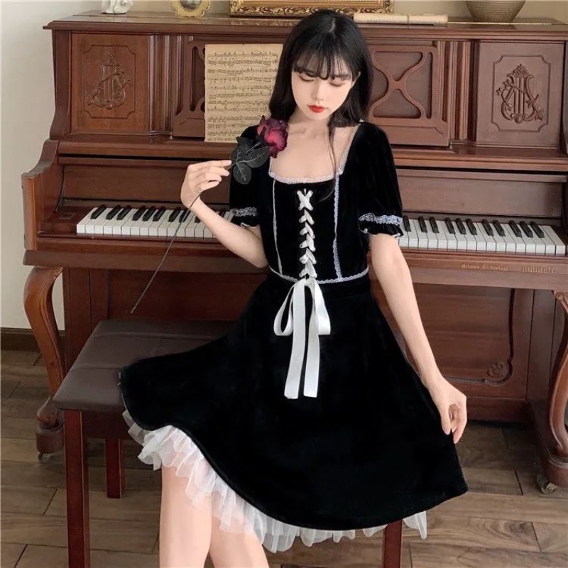 Đầm Nữ Phối Ren Sang Trọng Phong Cách Retro Hàn Quốc