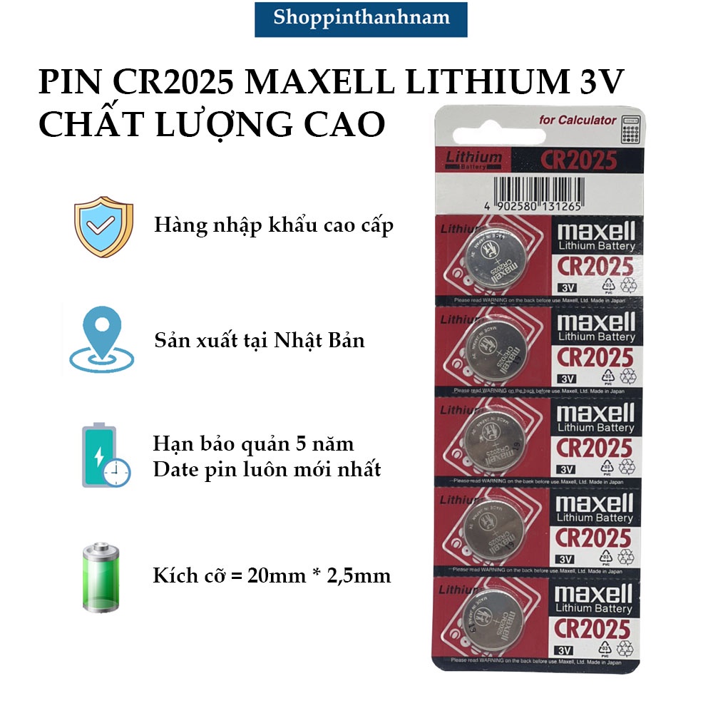 Pin CR2025 Maxell 3V vỉ 5 viên dung lượng cao - Hàng nhập khẩu