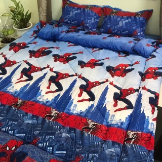 Bộ Chăn Ga Gối Cotton Poly Chăn Chần Phao 5 Món Siêu Nhân Nhện