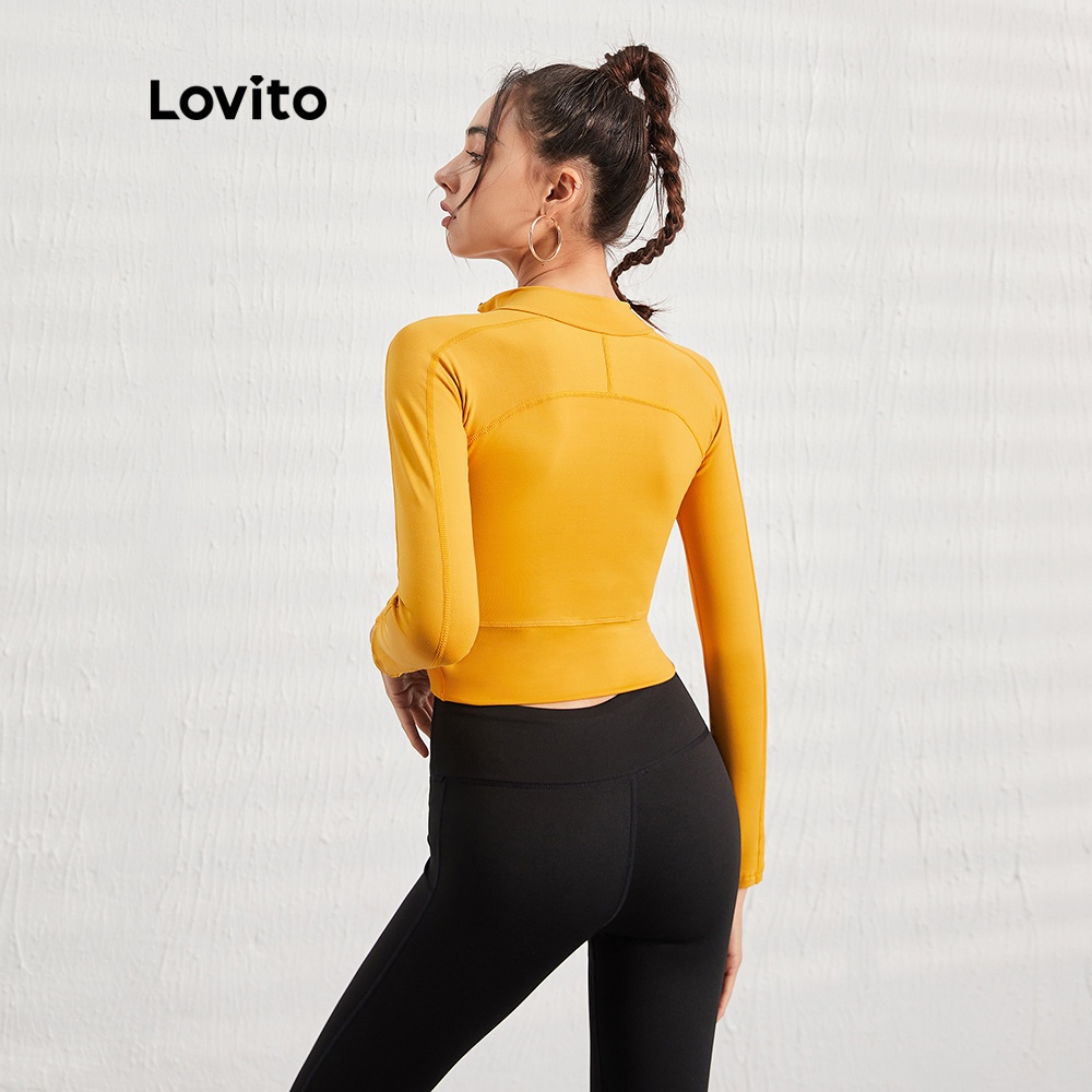 Áo khoác thể thao Lovito Cổ đứng có dây kéo trơn L07050 (Vàng)