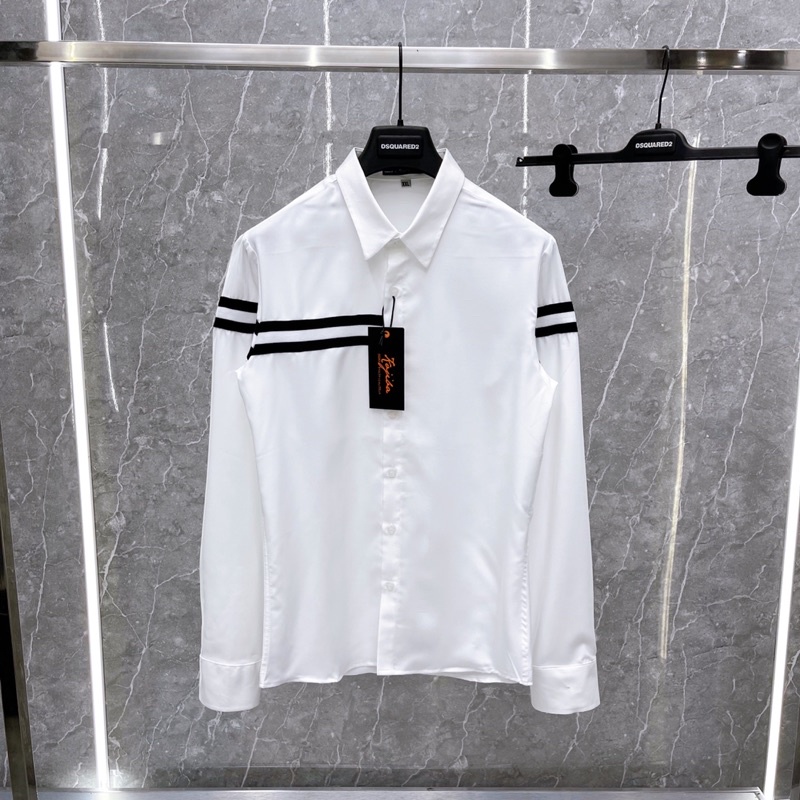 Áo sơ mi trắng nam dài tay Thome thêu sọc kẻ đen trắng ngang ngực vải lụa mềm mịn cao cấp