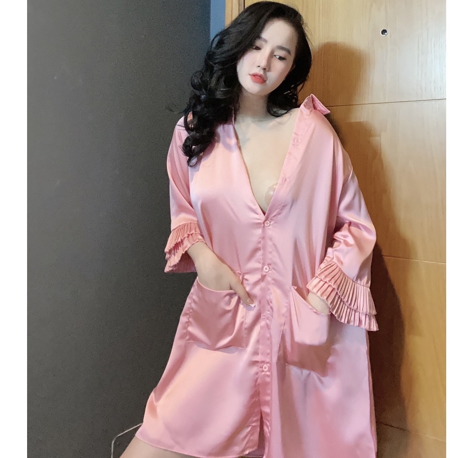 Đồ ngủ sexy / Đầm sơmi siêu gợi cảm - tay có phối dập ly, chất liệu SATIN cao cấp loại 1 mềm mịn mát, freesize dưới 65kg | BigBuy360 - bigbuy360.vn
