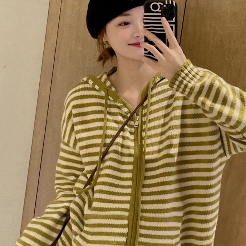 Áo hoodie ZHELIHANGFEI tay dài dáng rộng họa tiết kẻ sọc dễ phối đồ