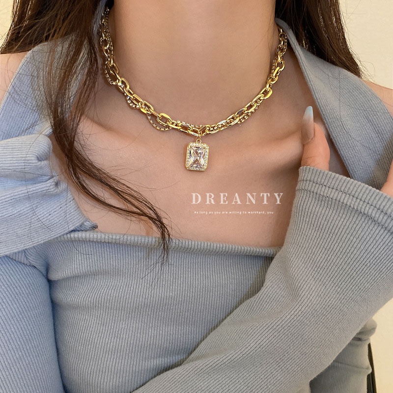 Dây Chuyền Hai Lớp Mặt Vuông Đính Đá Zircon Phong Cách Âu Mỹ Cá Tính Thời Trang