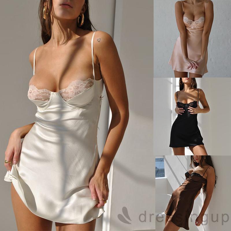 Đầm mini hai dây hở lưng phối ren màu sắc thời trang dành cho nữ