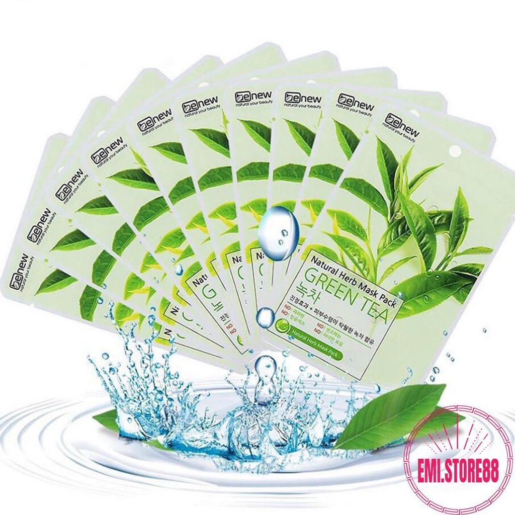 Mặt Nạ Đắp Mặt trà xanh BENEW NATURAL HERB MASK PACK - BỘ 10 miếng sạch mụn , trắng da ,se khít lỗ chân lông