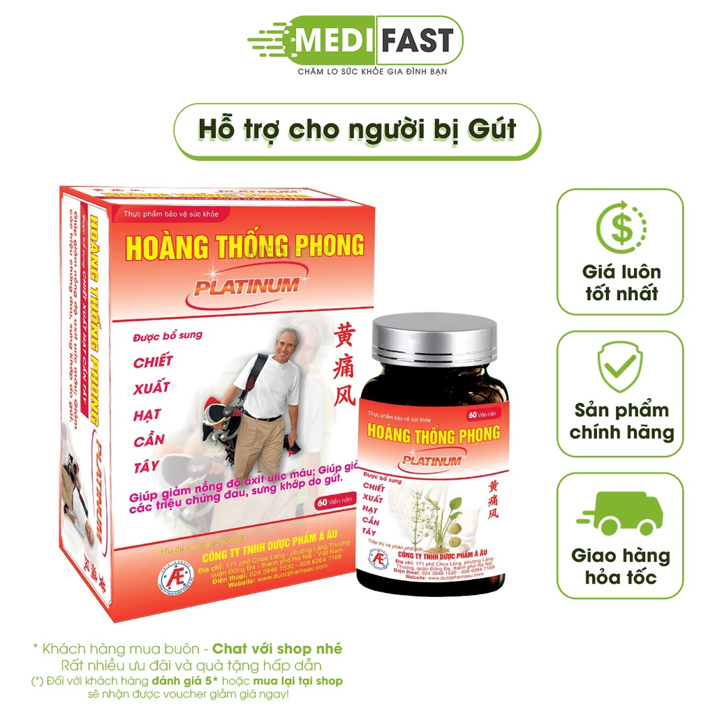 Hoàng Thống Phong Platinum Lọ 60 viên hàm lượng cao Mẫu mới - Sản phẩm giúp giảm các triệu chứng đau, sưng khớp do GÚT