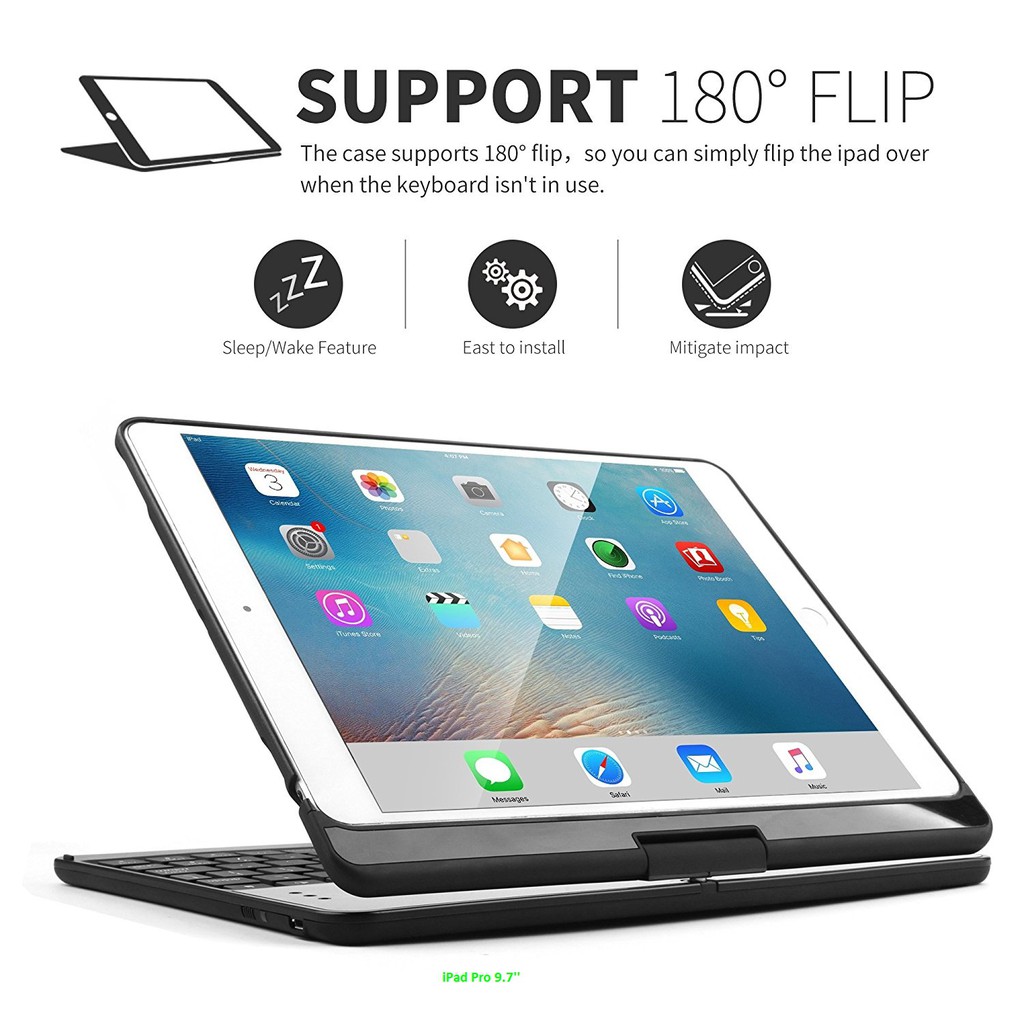 Bàn phím kiêm ốp lưng cho iPad Pro 9.7'' xoay 360 độ (Đen).Sản phẩm hot năm 2018 Tặng cáp sạc iPhone có đèn LED